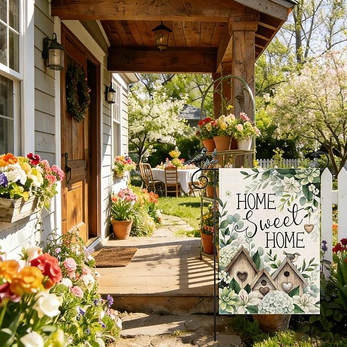 GEEORY Home Sweet Home Garden Flag 12x18 Inch, Hydrangea Eucalyptus Double Sided Spring Summer Decor, Farmhouse Rustic Outdoor Floral Flag Outside Yard Lawn Decoration