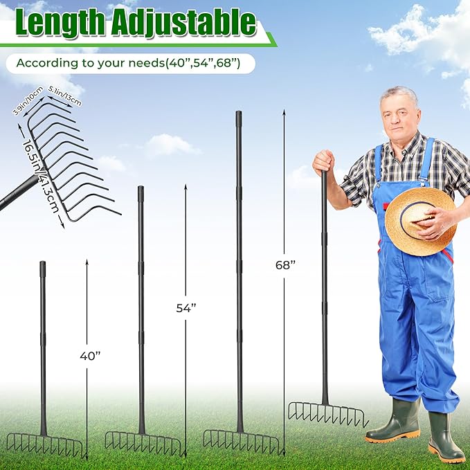 Bow Rake for Leaves, Heavy Duty Garden Rake with 11 Stainless Steel Tines Long Handle 68" Garden Tool for Loosening Soil, Cleaning the Leaves, Removing Thatch, Laying Sod