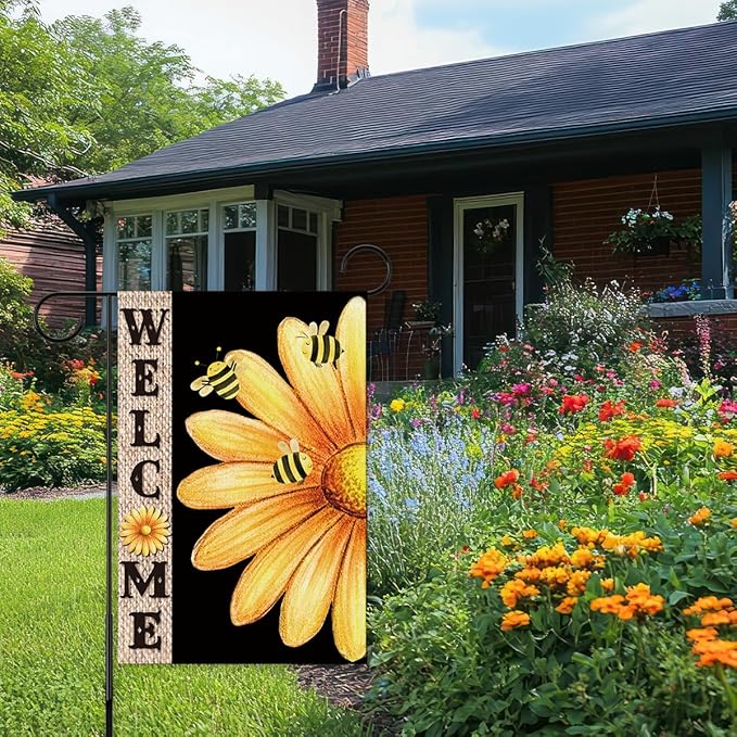 Welcome Flags for Outside,Bee Daisy Summer Garden Flag for Yard Patio Lawn Decoration,12x18 Inch Double Sided