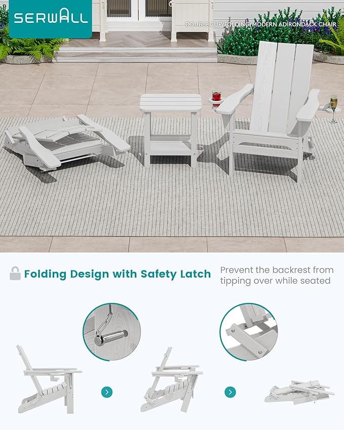 SERWALL Modern Folding Adirondack Chair Set of 6, Weather Resistant HDPE Outdoor Adirondack Chair with Cup Holders, Fire Pit Chairs for Patio Lawn Garden, White