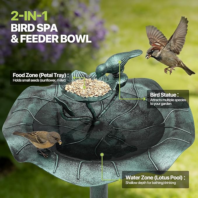 Magshion 35" Outdoor Bird Bath and Feeder for Outside, Pedestal Birdbath with Vintage Lotus Design, Durable Polypropylene Construction, Stunning Garden Accent for Lawn, Backyard & Patio, Green