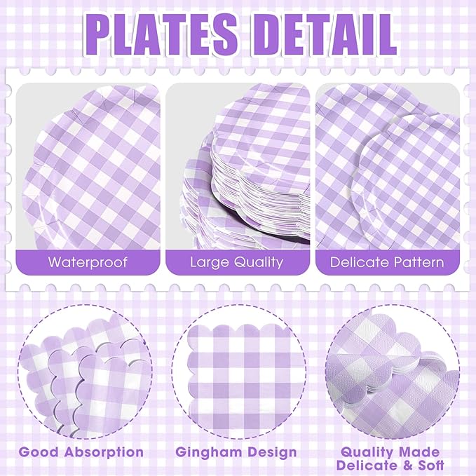 Funnymoom 400 Pcs Gingham Party Supplies for 50 Guests Purple and White Paper Plates and Napkins Knives Spoons Forks Cups Disposable Checkered Dinner Party Set Cutlery for Baby Shower Wedding Favor