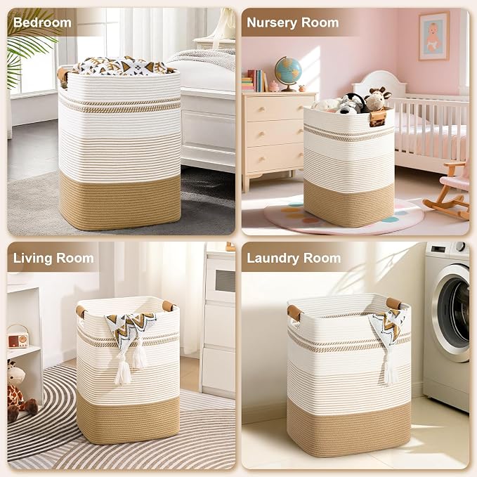 Laundry Hamper, 105L Tall Laundry Basket with Leather Handles, Rectangle Large Clothes Hamper for Organizing, Cotton Woven Laundry Baskets Storage Hampers for Bedroom, Nursery, Living Room