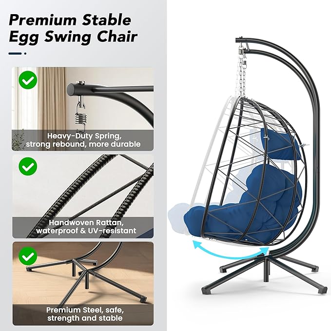 Easyego 2-Person Wicker Hanging Egg Chair with Stand- 700 lb Capacity, Indoor/Outdoor Double Egg Swing Hammock Chair for Patio, Garden, Porch, Living Room, Bedroom-Dark Blue
