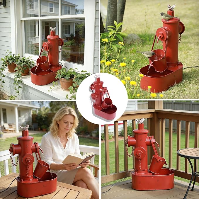 Metal Fire Hydrant Solar Water Fountain with Backup Battery,Solar Powered Water Fountain Outdoor,Solar Fountain Bird Bath for Garden, Patio & Yard Decor,Working at Night for at Least 6 Hours (red)
