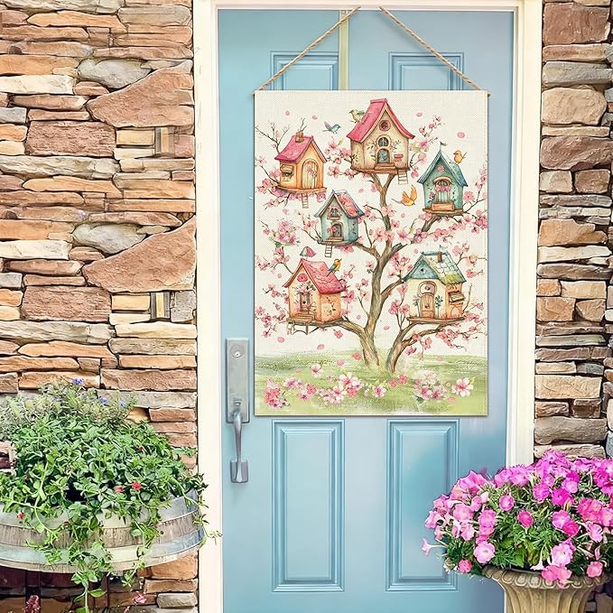 Baccessor Spring Birds Garden Flag Double Sided 12.5 x 18 Inch Burlap with Clip and Stopper,Pink Floral Flower Tree Flag Seasonal Farmhouse Front Yard Lawn Outside Outdoor Decoration