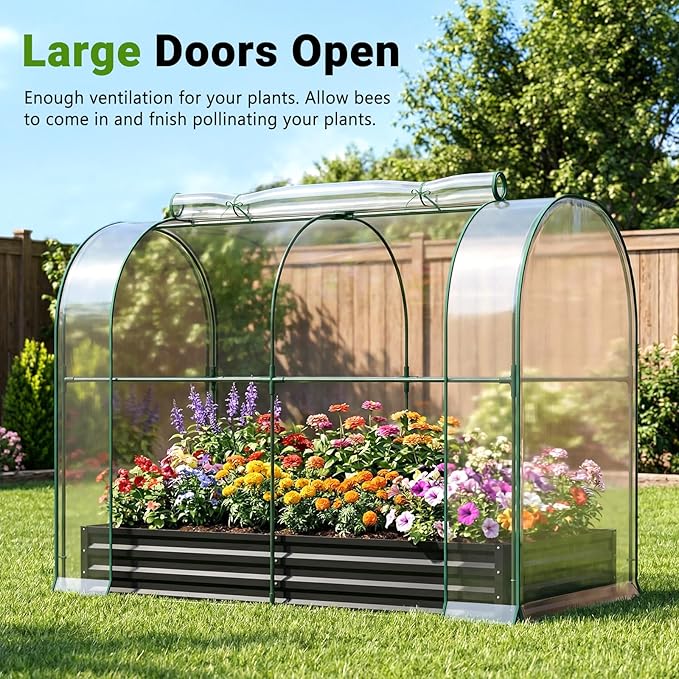 DoCred Galvanized Raised Garden Bed with PVC Cover, 84.6" x 45.3" x 47.2" Metal Planter Bottomless Box w/ Roll-Up Window, Mini Greenhouse Tent for Outdoor Growing Vegetables Flower Fruit