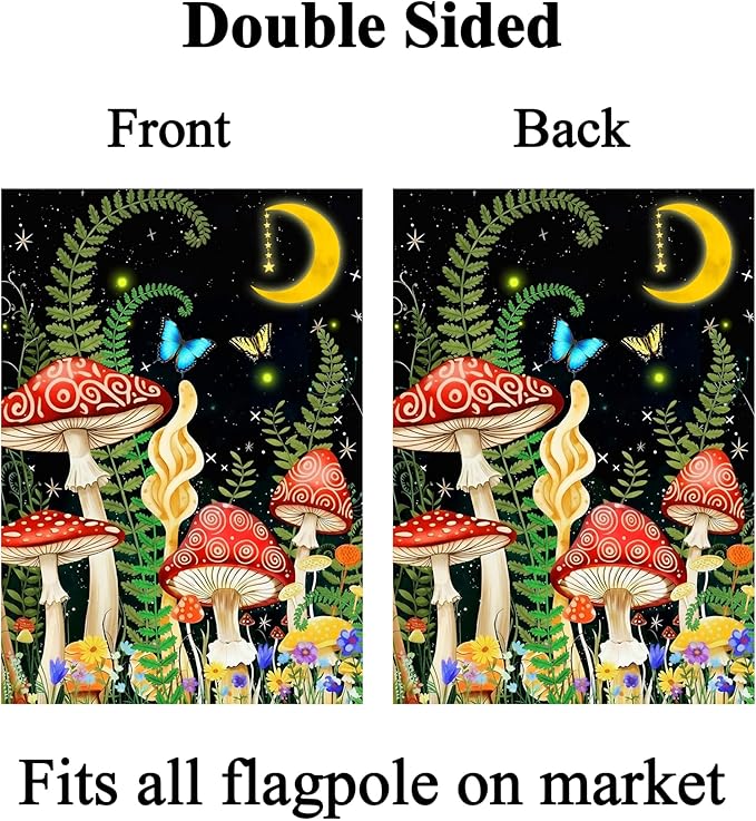 Fantasy Night Fairy Moon Star Mushroom Grass Butterfly Snail Garden Yard Flag 12"x 18" Double Sided Polyester Welcome House Flag Banners for Patio Lawn Outdoor Home Decor