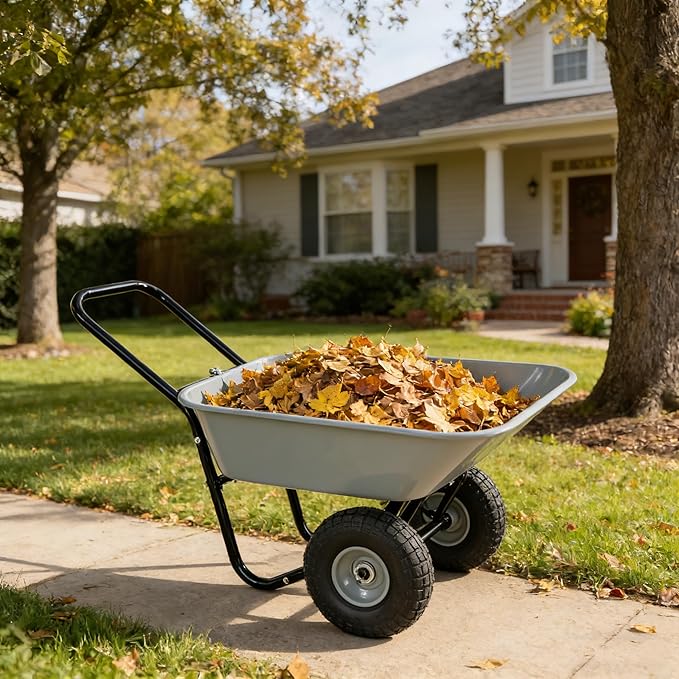 Heavy-Duty Two-Wheeled Garden Barrow with 10-Inch Pneumatic Wheels, 35L Large Capacity Leakproof Wheelbarrow for Farm, Lawn & Warehouse Use (Gray)