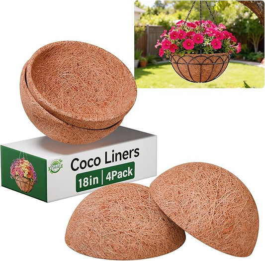 Halatool 4 Pack 18 Inch Coco Liners Natural Coconut Liners for Planters Round Hanging Basket Liner for Flowers Vegetables Balcony Garden Patio Porch Home Decor