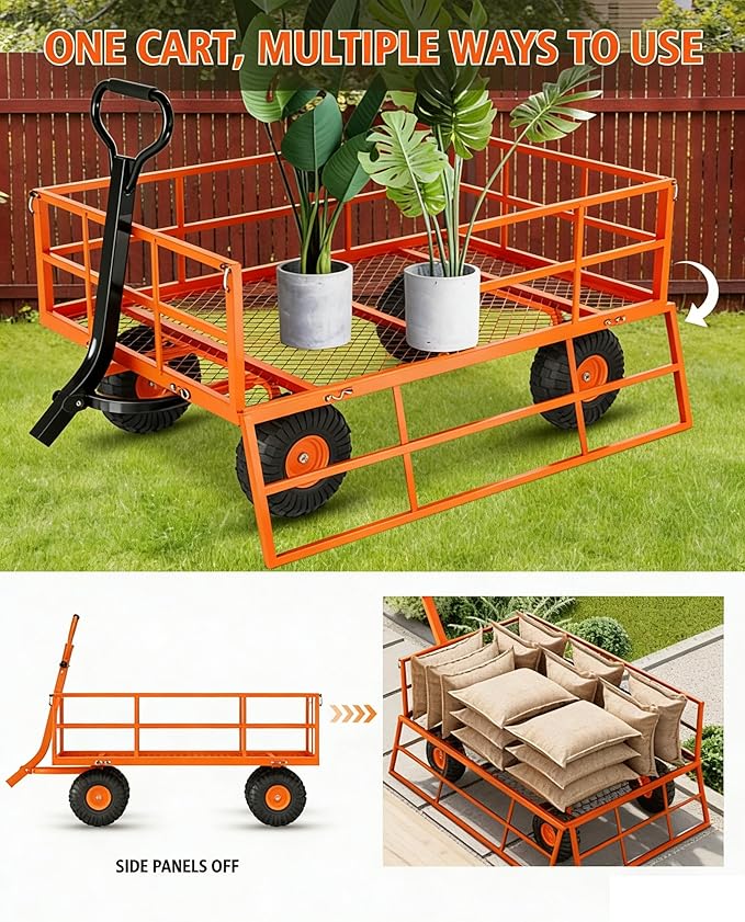 Garvee Steel Garden Cart, 1200 LBS Capacity Utility Outdoor Wagon, Heavy Duty Mesh Garden Wagon with Removable Sides, 2-in-1 Handle, 13" Tires for Yard, Lawn, Garden