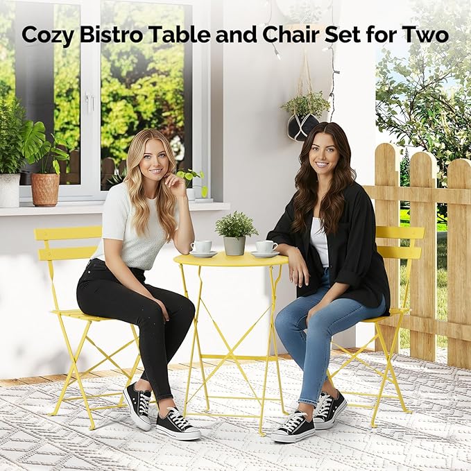 VINGLI Outdoor Folding Bistro Table and Chairs Set of 2, 3-Piece Bistro Set with Premium Steel Frame for Patio, Balcony, Garden, Porch, Yard, Yellow