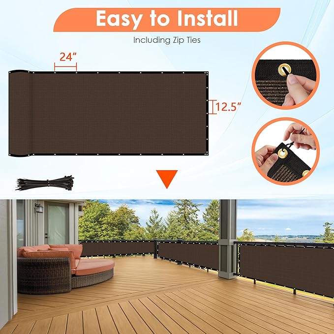 i COVER 4x12ft Privacy Screen Fence, Outdoor Fencing Panels, Garden Windscreen Mesh Shade Sail Net Barrier, Fence Privacy Screen Reinforced Bindings and Brass Grommets Cable Zip Ties, Brown