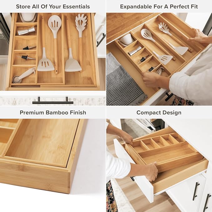 KitchenEdge Utensil & Junk Drawer Organizer, 10.5-19 in, Bamboo