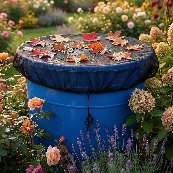 38.5 Inch Mesh Cover for Rain Barrel, Black Rain Barrels Net Cover, Water Collection Bucket Screen Covers to Keep Leaves Debris Out