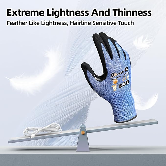 Schwer A4 AIR-SKIN Cut Resistant Work Gloves with Extreme Lightweight & Thin, Grip Glove for Fishing, Refined Work, Gardening Gloves for Yard, Touchscreen, 3D-Comfort Fit, Men Women Gifts, AR3900, L