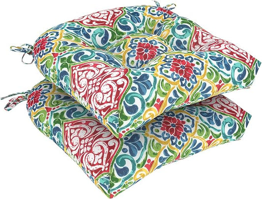 DYTXIII Set of 2 Outdoor Chair Cushions 19"x19"x4", Water Repellent Tufted Patio Seat Cushions with Ties, Thick Replacement Pads for Wicker Dining Chairs, Patio Furniture, Damask Red