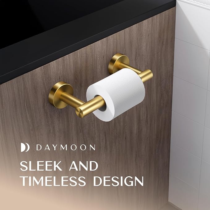 Day Moon™ Toilet Paper Holder Wall Mount, Modern Roll Holder for Bathroom, Stainless Steel Rustproof Double Post Pivoting Tissue Roll Holder for Bathroom, Classic, Gold