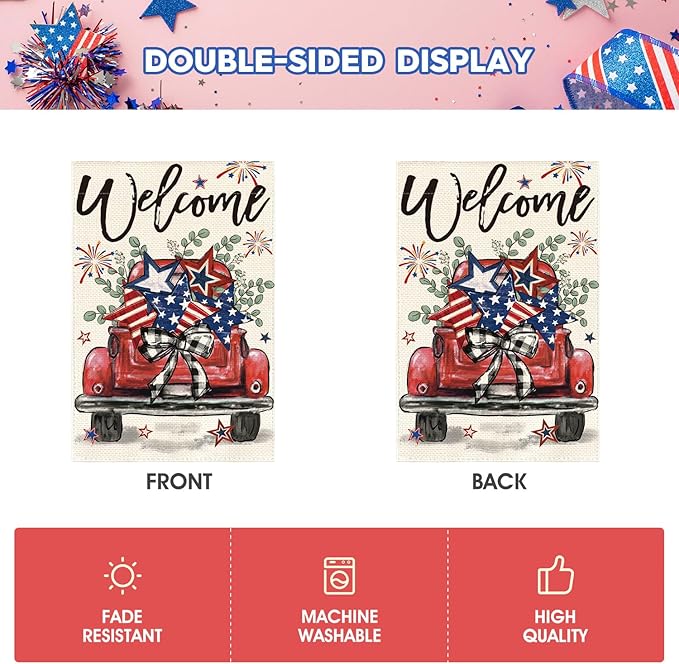 AVOIN colorlife Welcome Patriotic 4th of July Truck Garden Flag 12x18 Inch Double Sided, Rustic Farmhouse Yard Outdoor Decoration