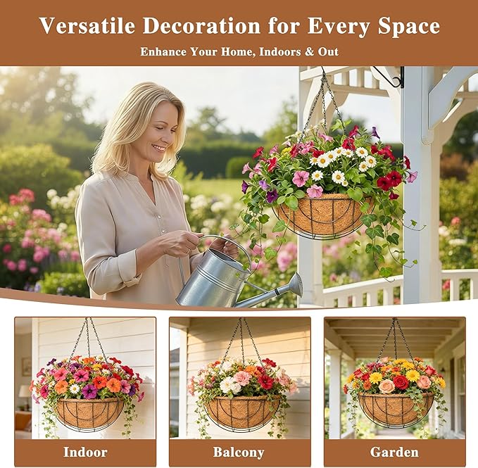 4 Pack Hanging Planter for Outdoor Plants 12 inch Metal Hanging Flower Basket with Coco Coir Liner Round Wire Plant Holder Chain Flower Pots Outdoor Garden Decoration Watering Hanging Baskets（DQ）
