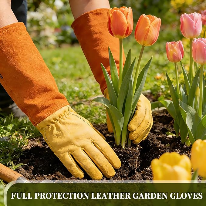 Acdyion Thorn Proof Gardening Gloves for Men & Women, Long Cowhide Leather Rose Pruning Gloves with Forearm Protection, Puncture Resistant Gauntlets for Cacti, Blackberries & Yard Work(yellow,Large)
