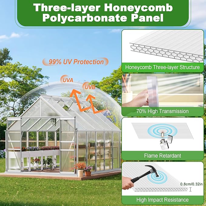 Quibbay 14PCS 4' X 2' X 0.32'' Polycarbonate Greenhouse Panels, Waterproof UV Protected Clear Polycarbonate Sheets Three-Layer Honeycomb Roof Panels, Corrugated Plastic Roofing Panels for Greenhouse