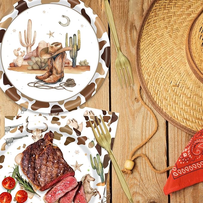 48Pcs Western Cowboy Party Decorations Western Cowboy Horse Dessert Plates Napkins and Forks Party Supplies Set for 16 Guests