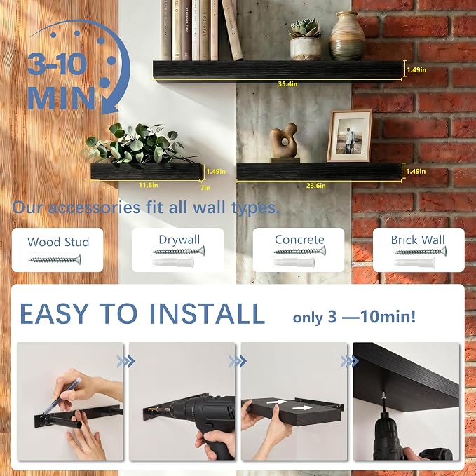 Black Modern Floating Shelves for Wall, 24 Inch Long Shelf Set of 3 | Wooden Storage Shelves, Over Toilet, Wood Grain Finish, 33lbs Max Load, Hidden Brackets, Easy Install, Bedroom Living Room