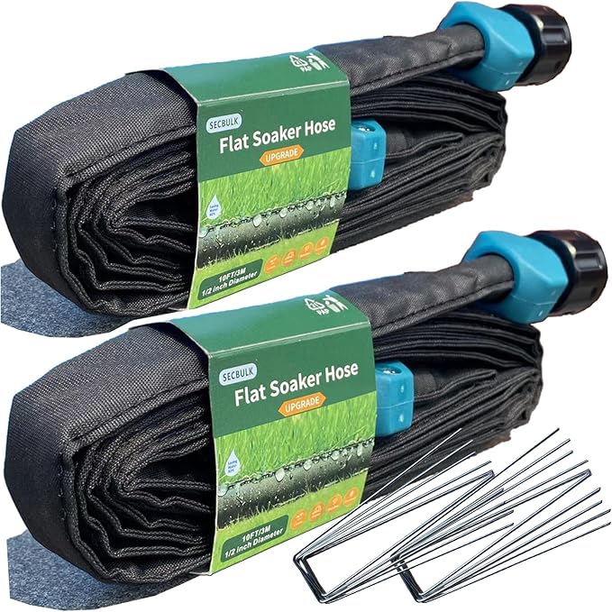 Secbulk 2026 Flat Soaker Hose 20 ft wth Stakes for Garden, 10ft x 2 Linkable Drip Hose Diy Garden Irrigation System Saving 80% Water, Dual-layer Leak-free Design Water Hose with Holes
