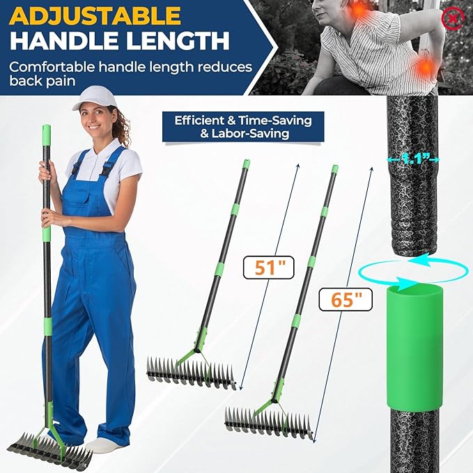 65" Thatch Rake & Garden Rake– 13" Narrow Dual-Sided Sharp Steel Tines, Adjustable Handle, Lightweight & Reversible Head for Precision Lawn Care, Debris Removal and Soil Leveling