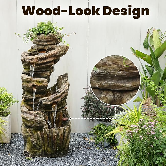 Sunlinua 55" H Outdoor Water Fountain 7-Tiers Large Cascading Imitative Wood Natural Waterfall Outdoor Fountains Resin Floor Standing Foutain with LED Lights for Garden, Patio, Porch