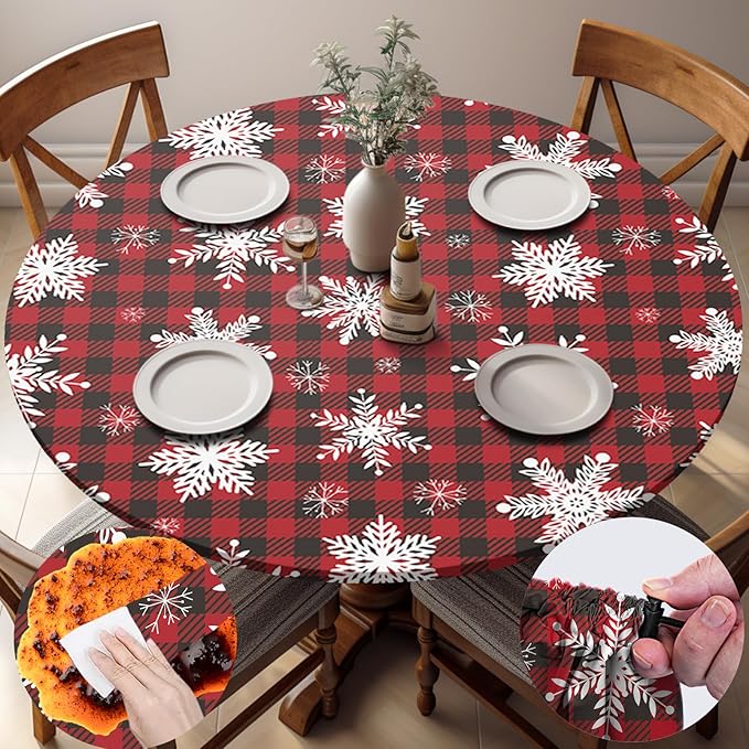 Fitted Christmas Round Tablecloth Waterproof Table Cloth Vinyl Indoor Outdoor Circle Cover for 36-44" Table Dining Living Room Kitchen Western Home Party Decor Gift Festival Family Essential
