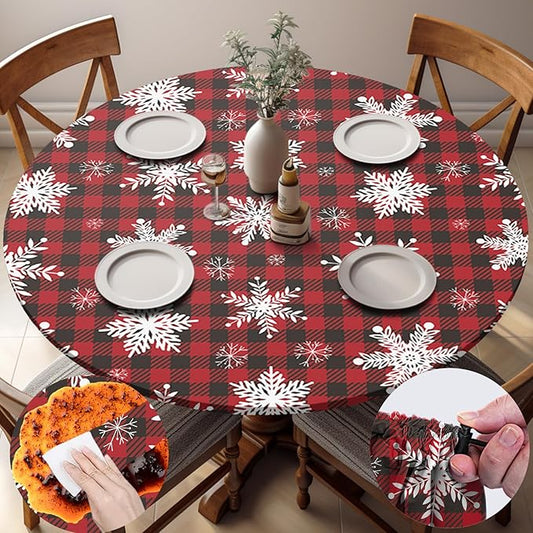 Fitted Christmas Round Tablecloth Waterproof Table Cloth Vinyl Indoor Outdoor Circle Cover for 36-44" Table Dining Living Room Kitchen Western Home Party Decor Gift Festival Family Essential