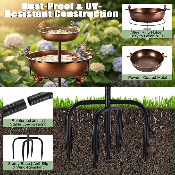 1.5 Gallon Lower Basin, 2 Tier Metal Bird Bath for Outside, 46.65 Inch Vintage Freestanding Bird Bath with Upgraded 5-Pronged Base, 2 in 1 Bird Bathing & Bird Feeding, Garden Patio Yard Lawn Decor