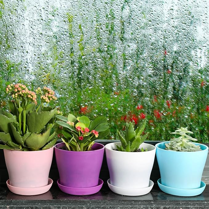TDHDIKE 10 Pcs Plastic Planters Indoor Flower Plant Pots, Mini Flower Seedlings Nursery Pot/Planter/Flower Pot with Pallet, Modern Decorative Gardening Containers (5color 25)
