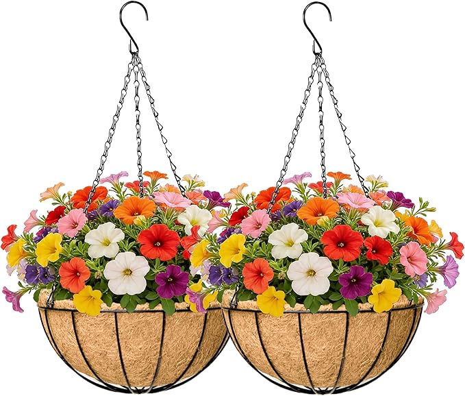 EIMQUVW 2 Pack Black Metal Round Hanging Basket 12 Inch Decorative Outdoor Coconut Fiber Planter with Chain Classic Hanging Flower Pots are Ideal for Gardens Patios Porches and Vertical Planting