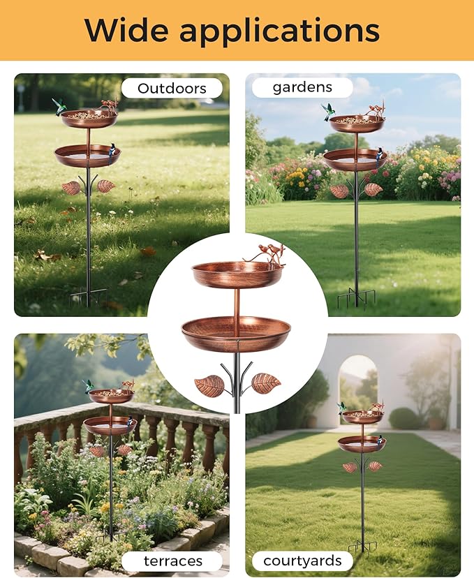 Metal Bird Bath for Outside, 46In Tall Birdbath Feeder Bowl with Stake for Outdoors, Detachable Double Bird Bath Feeder Bowls for Garden Patio Yard Lawn Decor, Upgraded 6-Pronged Base
