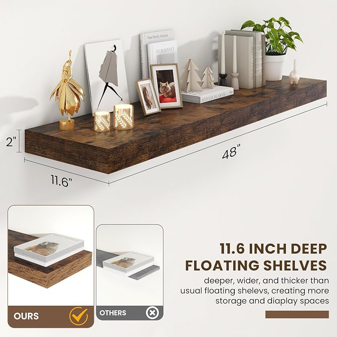FLYJOE 48 Inch Floating Shelves, 12'' Deep Brown Shelves for Wall Set of 2
