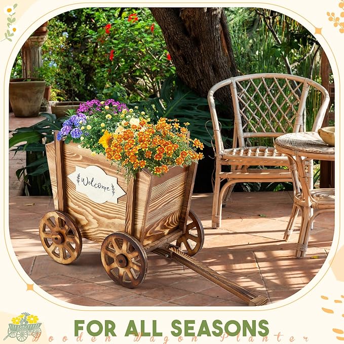 Beeveer Wooden Wagon Planter with Wheels Wagon Flower Planter Wooden Wheelbarrow Decorative for Herbs Vegetables for Indoor Outdoor Decor, Flower Cart for Patio Garden Balcony