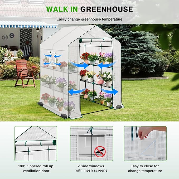 Yesker Greenhouse 57.5"x57"x77" Walk in Green House - Large Outdoor/Indoor Greenhouses with 8 Shelves Waterproof PE Cover & Windows, Portable Greenhouse Kit for Winter Backyard Gardening Patio, White