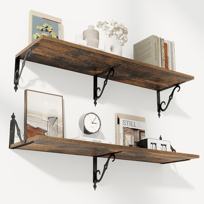 RICHFOCUS 12 Inch Deep Floating Shelves for Wall, 39" W x 12" D Wood Wall Shelves Set of 2, Wide Floating Shelves for Living Room, Bedroom, Kitchen, Bathroom and Decor Storage, Rustic Brown