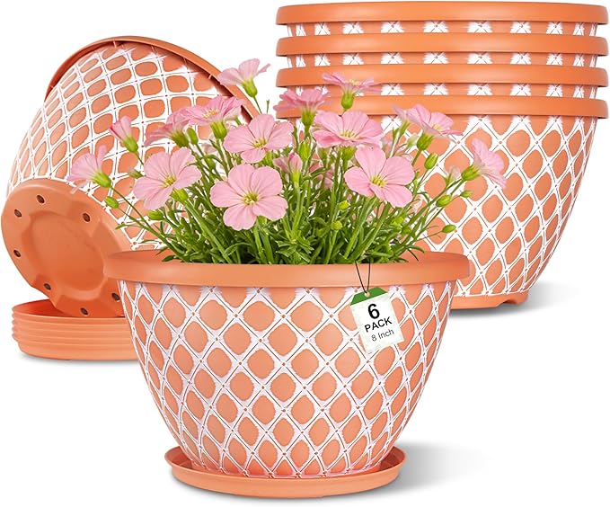 Nooulap 6 Pack 8 Inch Plant Pot, Flower Pots for Indoor Outdoor, Durable Decorative Planters for House Garden Plants Herbs Flowers Succulents, Orange and White Checkered Design