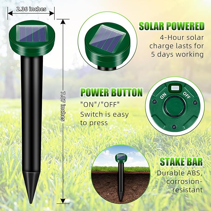 8Pack Mole Rat Repellent for Lawns, Solar Ultrasonic Chipmunk Groundhog Repeller Outdoor, Gopher Snake Repellent for Yard, Sonic Rodent and Vole Deterrent Spikes for Squirrel Armadillo Garden