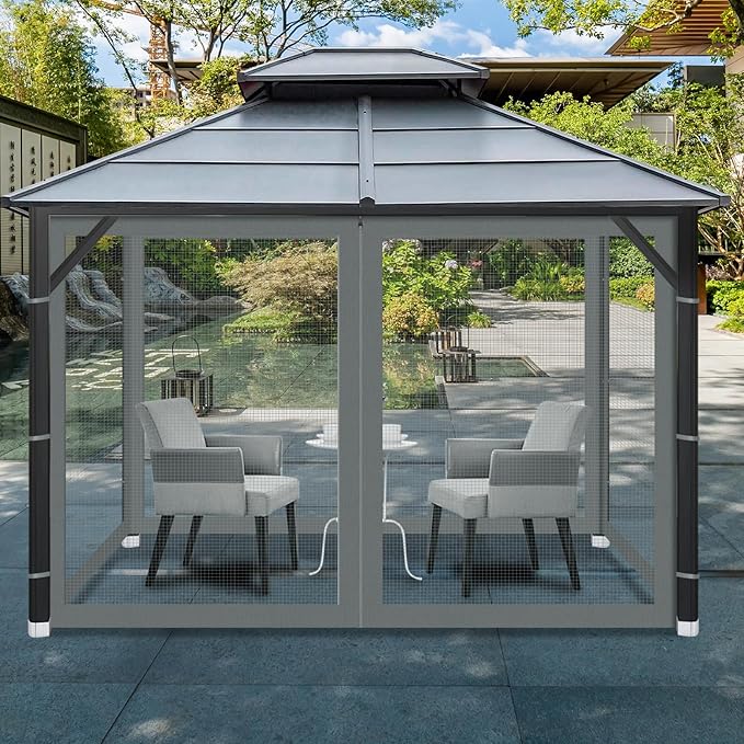 Gazebo Universal Replacement Mosquito Netting, 10' x 12' Outdoor Mesh Netting Screen 4-Panel Sidewall with Zipper for Patio Canopy Garden Porch Pergolas and Backyard, Gray(Mosquito Net Only)