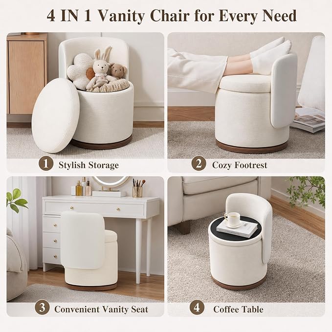 Ottoman with Storage, Round Vanity Stool with Back | 22L Hidden Seat, 360° Swivel, Reversible Lid, No Wheels, Upholstered Makeup Footstool for Bedroom