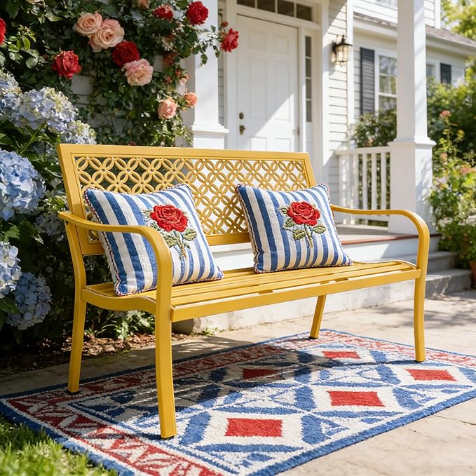 Grand patio 50" Outdoor Bench, Garden Benches with Anti-Rust Metal Powder Coated Frame, Patio Bench for Front Porch Park Outside Furniture Decor, Sunflower Yellow