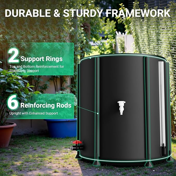 SKM 53 Gallon Collapsible Rain Barrel, PVC Rainwater Collection System Water Tank Storage, Portable Rain Water Collection Barrel for Outside/Lawn/Garden, Container with Overflow Kit & Spigot, Black