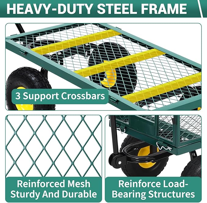 Garvee Steel Garden Cart, 1100 LBS Heavy Duty Metal Garden Wagon with 10" Wheels, Metal Push Wagon with 180° Rotating Handle and Removable Sides for Farm, Yard