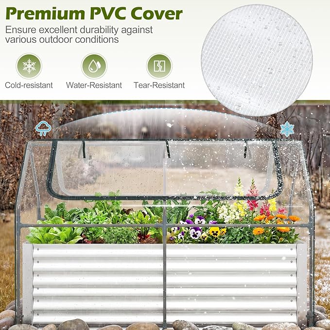 S AFSTAR 3-in-1 Raised Garden Bed with Greenhouse Cover, 6FT x 3FT x 4FT Galvanized Bottomless Planter Box Kit with Dual Roll-Up Screen Windows, Outdoor Mini Greenhouse for Vegetables (Silver & Clear)