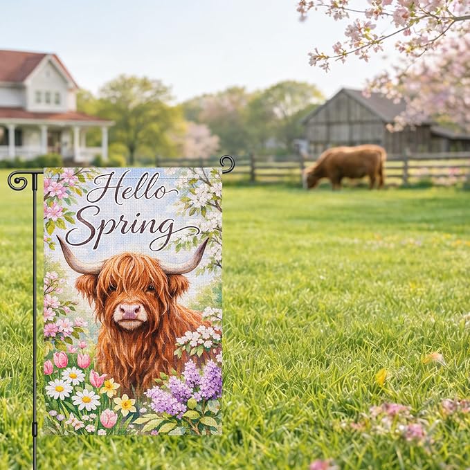 Heyfibro Hello Spring Highland Cow Garden Flag 12x18 Inch Double Sided Floral Farmhouse Yard Flag for Outside House Porch Seasonal Spring Outdoor Decorations